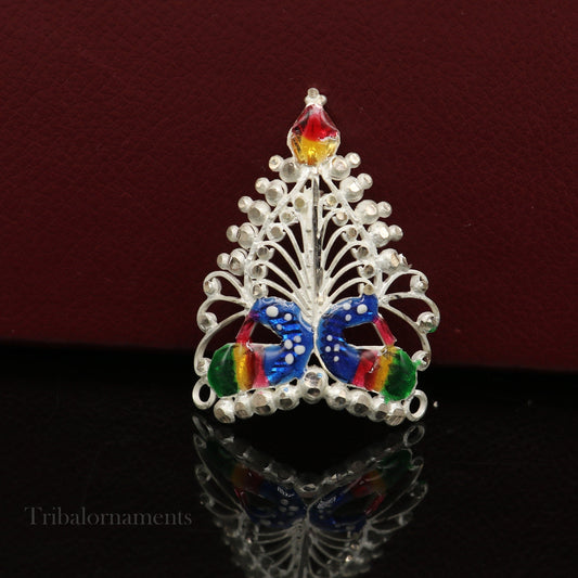 Baby krishna crown or mukut fabulous enamel peacock design solid silver handmade idol krishna mukut gifting crawling krishna jewelry su527 - TRIBAL ORNAMENTS