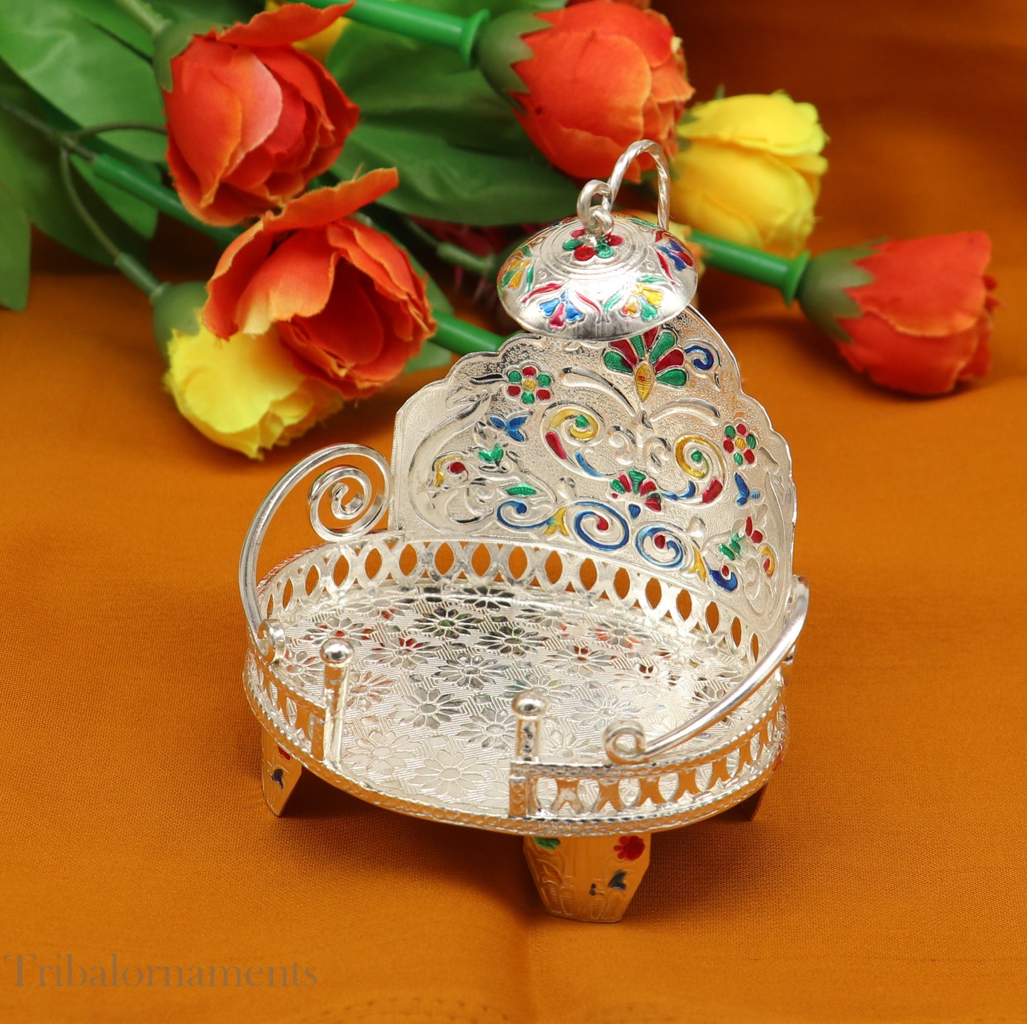 Silver throne 925 sterling silver handcrafted small sinhasan, idol god throne, god statue's stand chair, temple puja god article su529 - TRIBAL ORNAMENTS