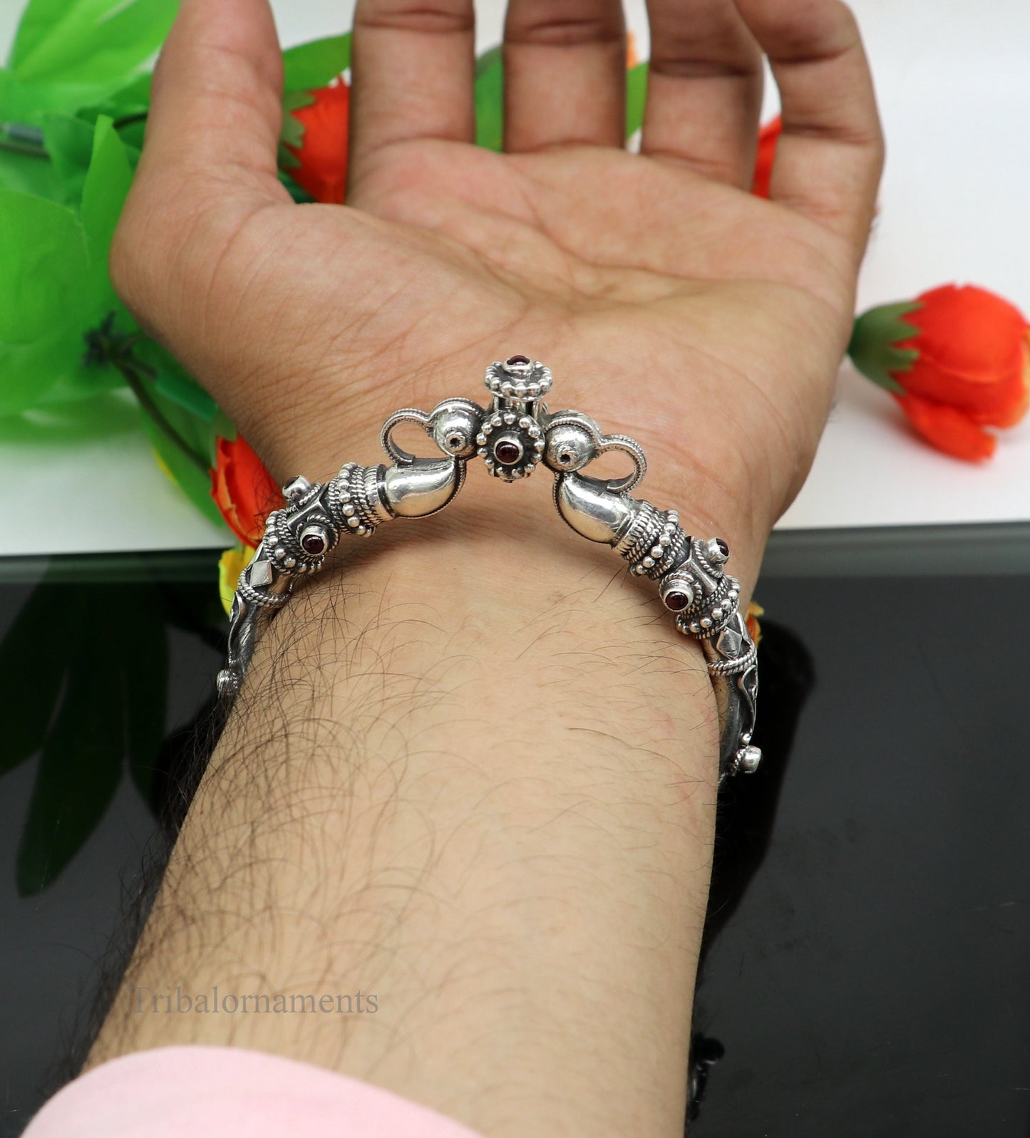 925 Sterling silver handmade indian traditional vintage antique design tribal ethnic belly dance bangle bracelet kada nssk491 - TRIBAL ORNAMENTS