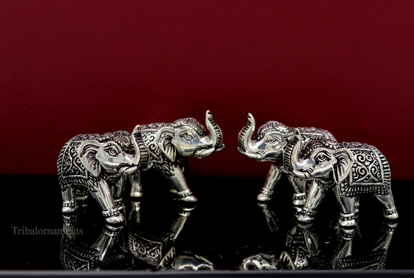 Pure 925 Sterling silver kandrai work nakshi design customized Elephant statue, puja article figurine, home décor puja articles su489 - TRIBAL ORNAMENTS