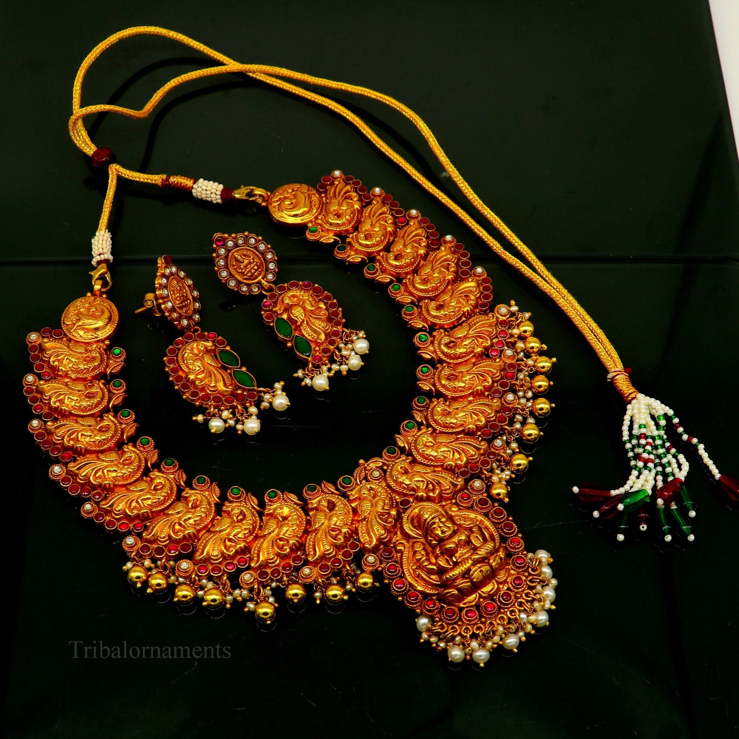 925 sterling silver gold polished handmade vintage stylish Goddess Laxmi stunning peacock design necklace, best belly dance jewelry set263 - TRIBAL ORNAMENTS