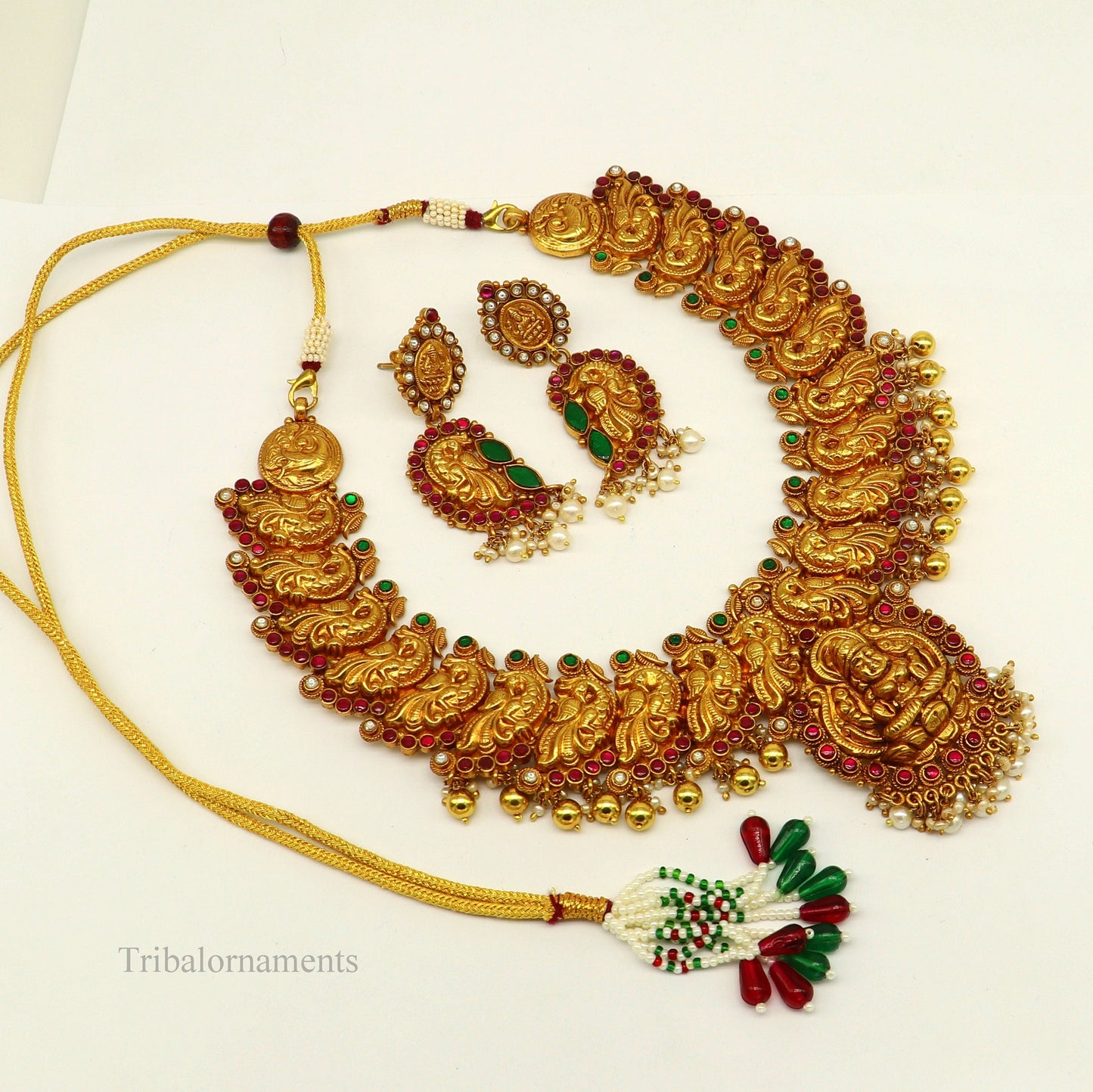 925 sterling silver gold polished handmade vintage stylish Goddess Laxmi stunning peacock design necklace, best belly dance jewelry set263 - TRIBAL ORNAMENTS
