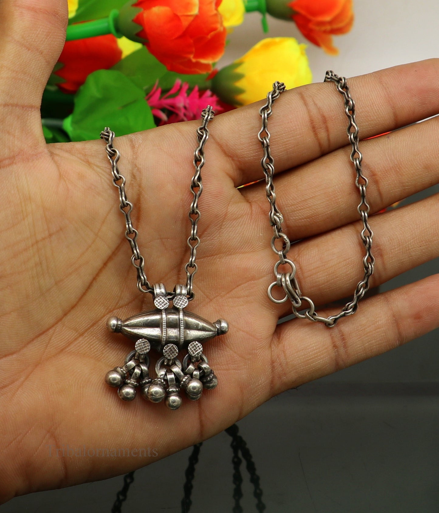 Vintage antique design 925 sterling silver handmade mangalsutra style 26" long necklace, gorgeous pendant, best tribal ethnic jewelry nec239 - TRIBAL ORNAMENTS