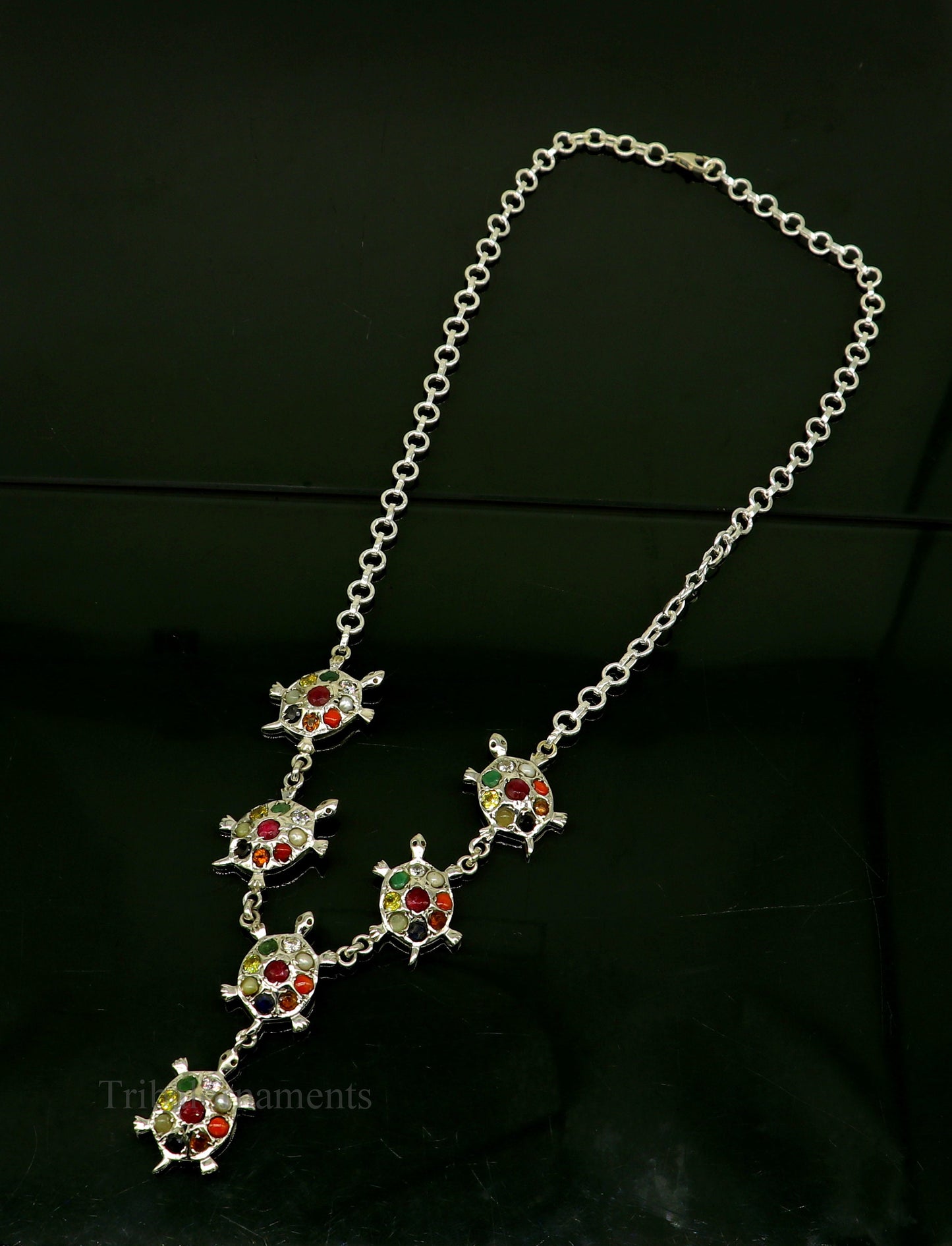 925 sterling silver customized Navratan stone tortoise design necklace, best designer stylish tribal ethnic jewelry belly dance nec265 - TRIBAL ORNAMENTS