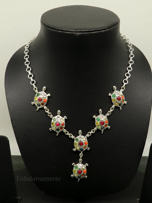 925 sterling silver customized Navratan stone tortoise design necklace, best designer stylish tribal ethnic jewelry belly dance nec265 - TRIBAL ORNAMENTS