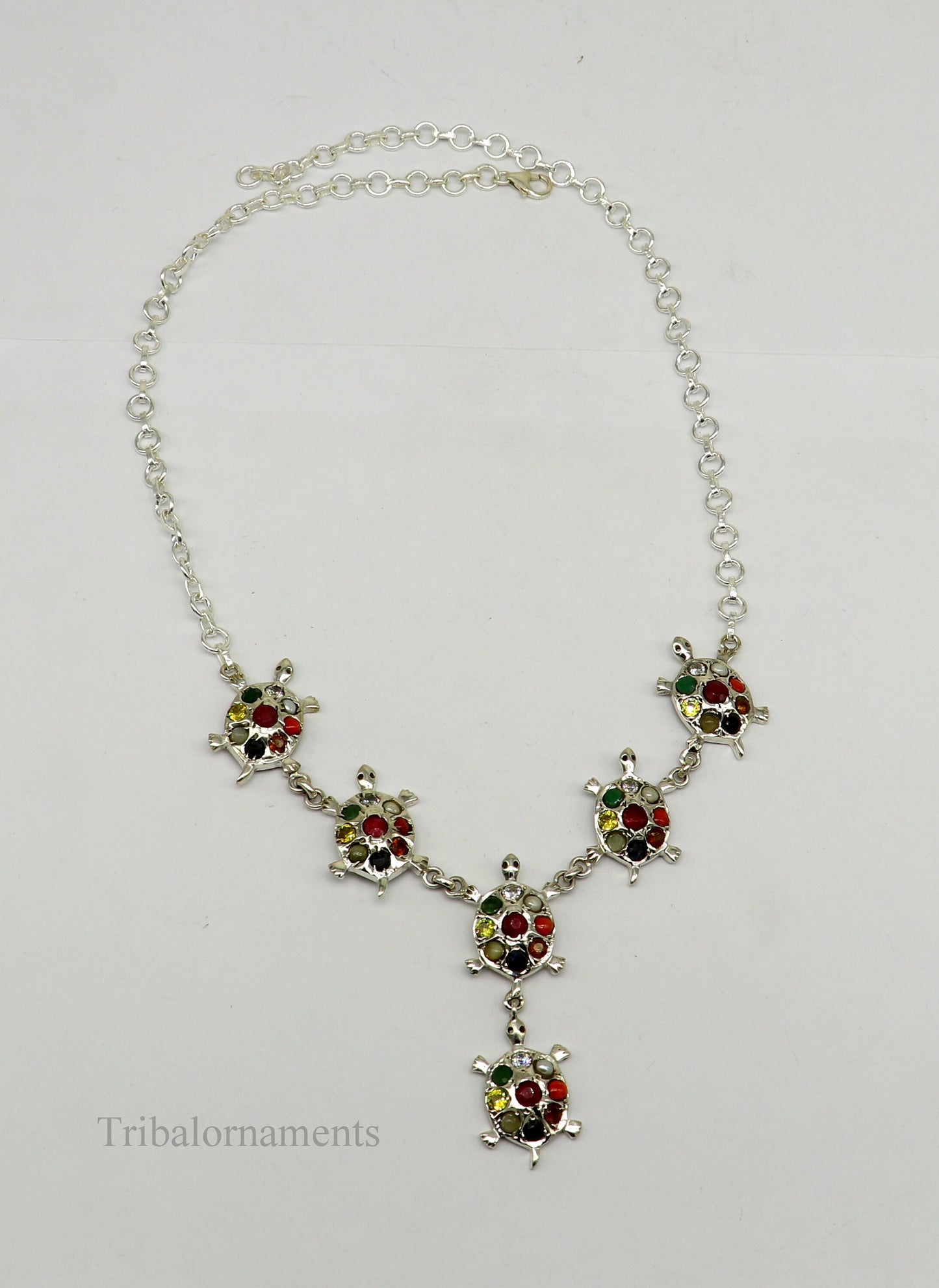 925 sterling silver customized Navratan stone tortoise design necklace, best designer stylish tribal ethnic jewelry belly dance nec265 - TRIBAL ORNAMENTS
