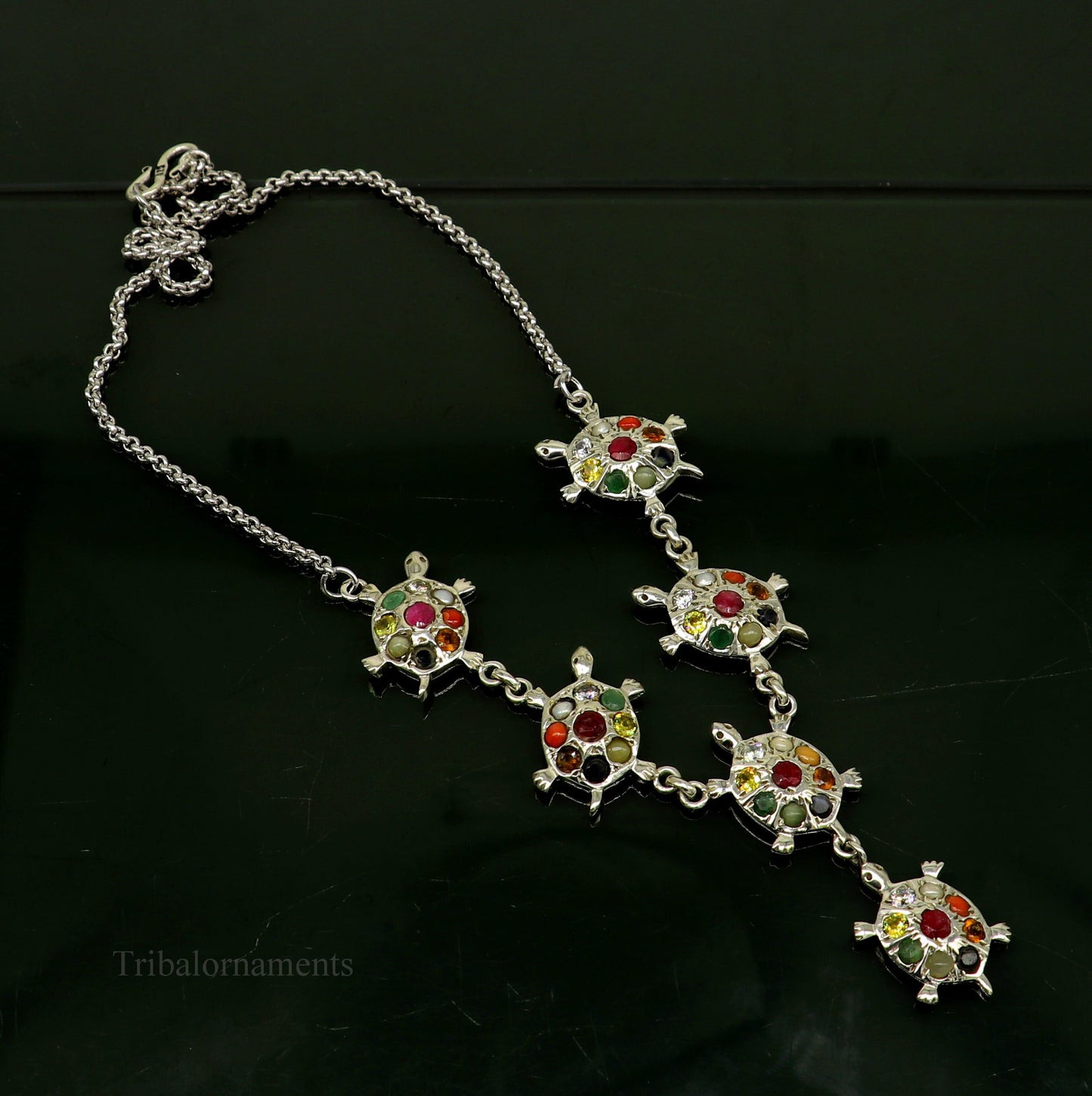 925 sterling silver customized Navratan stone tortoise design necklace, best designer stylish tribal ethnic jewelry belly dance nec263 - TRIBAL ORNAMENTS