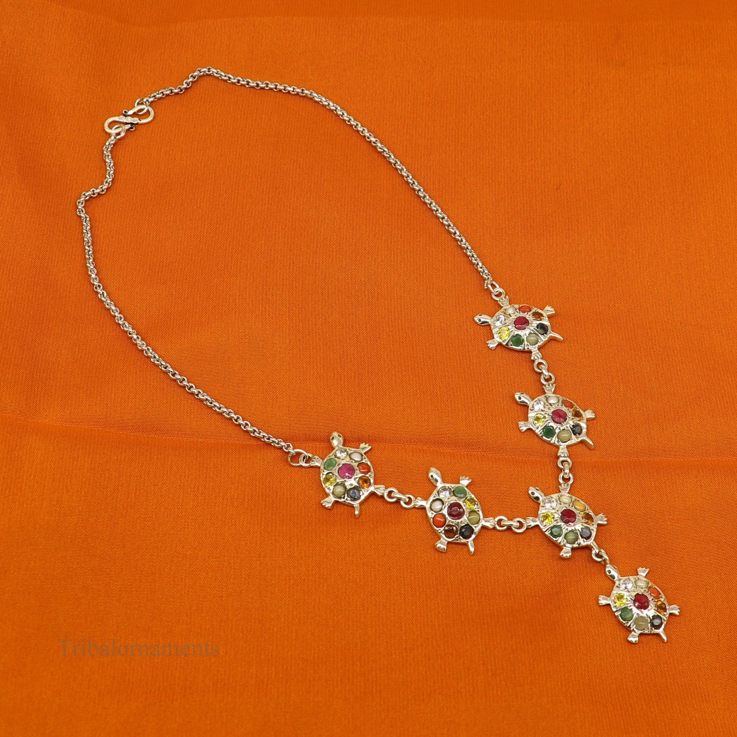 925 sterling silver customized Navratan stone tortoise design necklace, best designer stylish tribal ethnic jewelry belly dance nec263 - TRIBAL ORNAMENTS