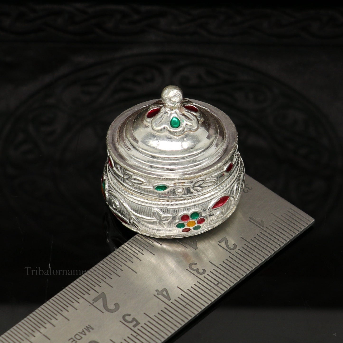 Solid sterling silver unique antique design handmade brides eyes kajal box, surma box, kumkum sindur box, small trinket box article stb240 - TRIBAL ORNAMENTS