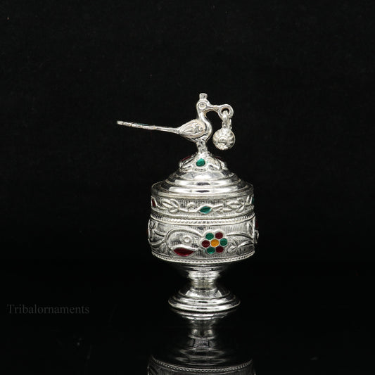 Solid sterling silver vintage peacock design handmade brides eyes kajal box, surma box, kumkum sindur box, small trinket box article stb249 - TRIBAL ORNAMENTS