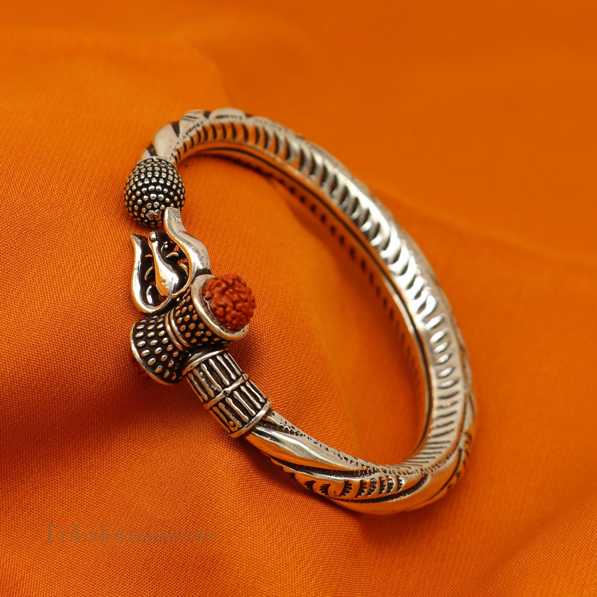 925 Sterling silver handmade chitai work Lord Shiva trident trishul kada bangle bracelet with natural Rudraksha customized kada nssk470 - TRIBAL ORNAMENTS