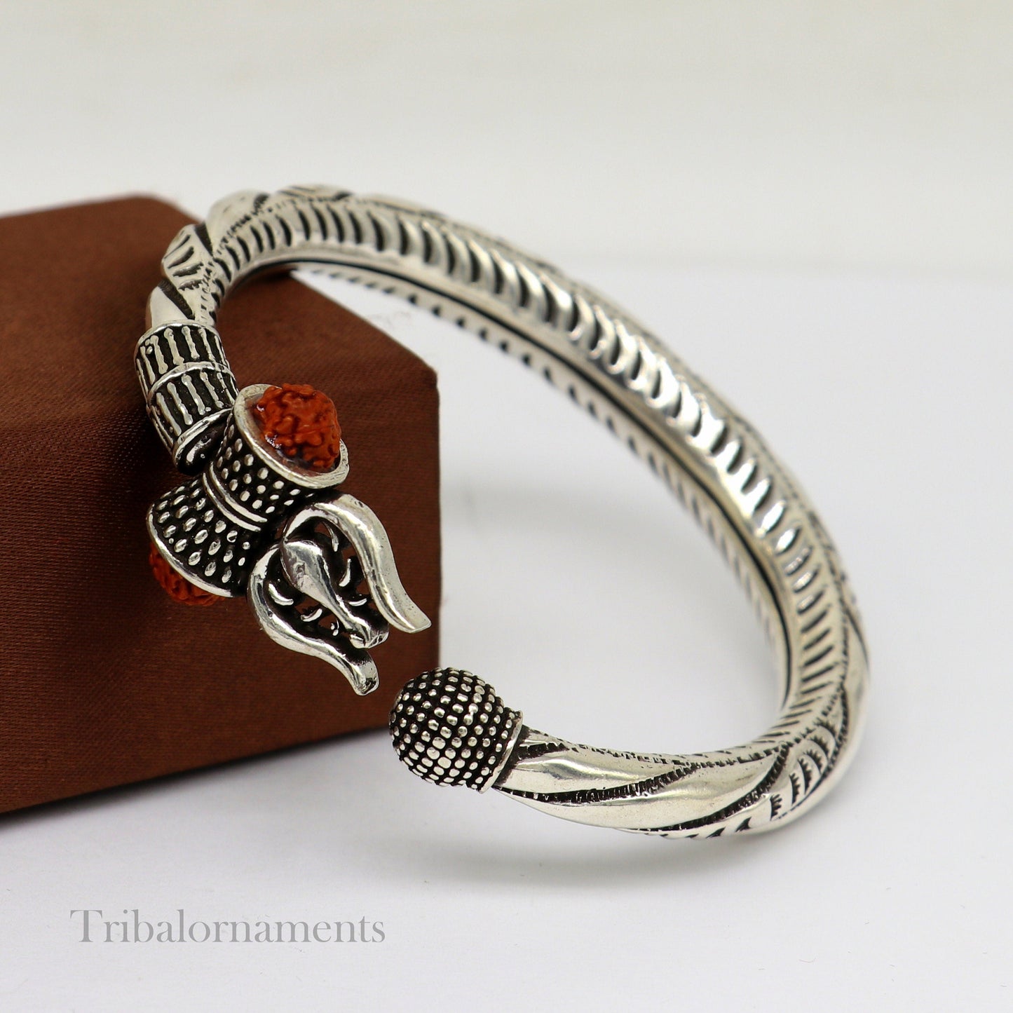 925 Sterling silver handmade chitai work Lord Shiva trident trishul kada bangle bracelet with natural Rudraksha customized kada nssk470 - TRIBAL ORNAMENTS