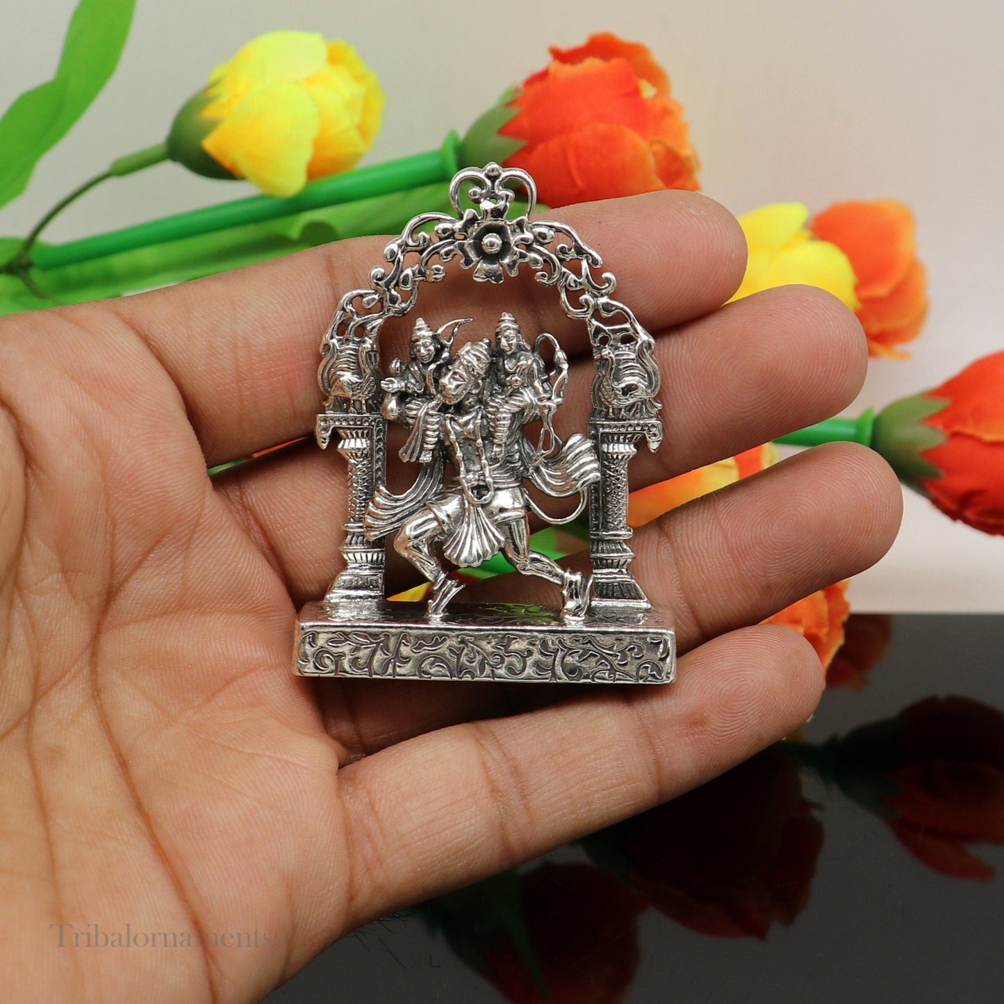 925 sterling silver handmade Divine Hindu god Hanuman with Rama and Laxman blessing Statue, amazing Divine figurine puja article art174 - TRIBAL ORNAMENTS