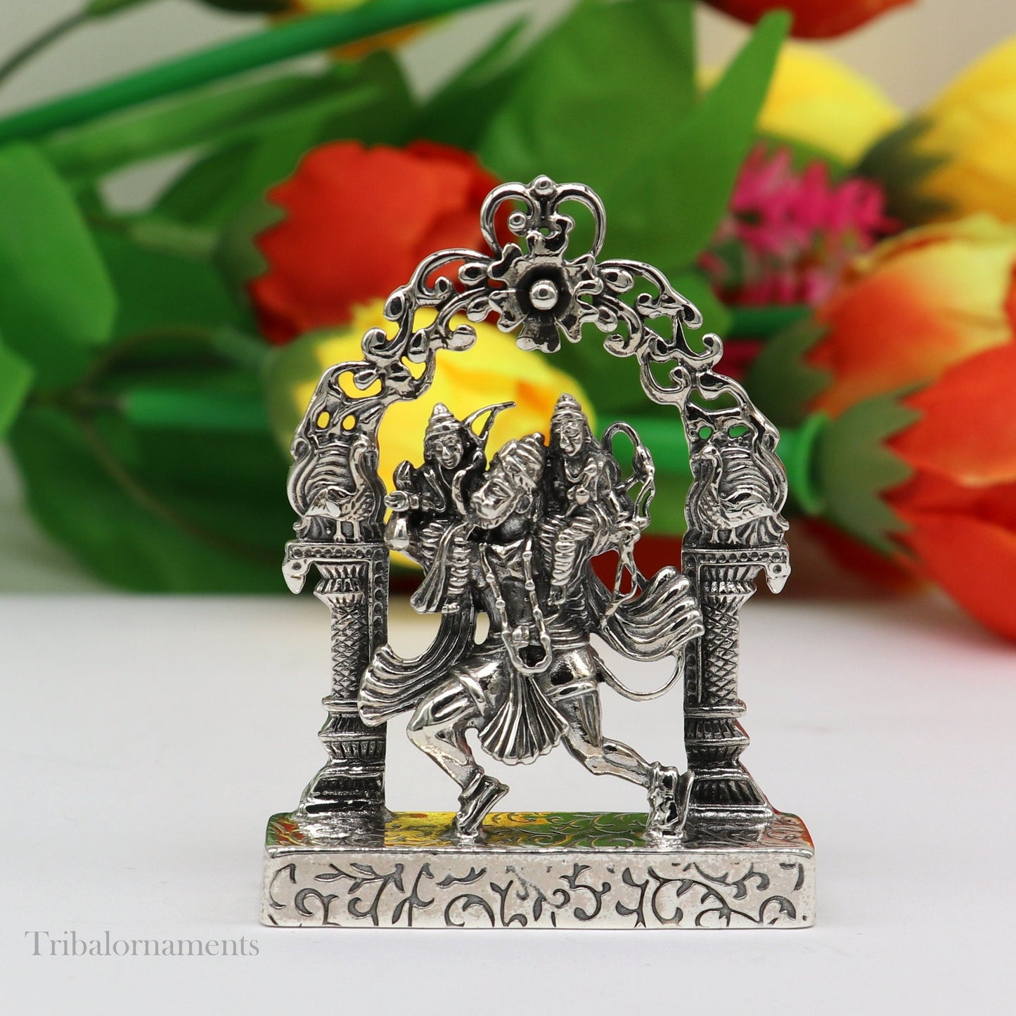 925 sterling silver handmade Divine Hindu god Hanuman with Rama and Laxman blessing Statue, amazing Divine figurine puja article art174 - TRIBAL ORNAMENTS