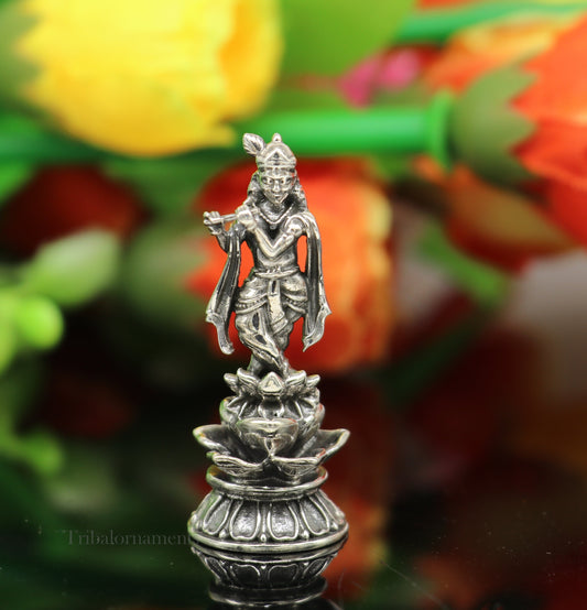 925 Sterling silver handmade antique design Idols Lord Krishna with flute standing Statue figurine, puja articles decorative gift art158 - TRIBAL ORNAMENTS