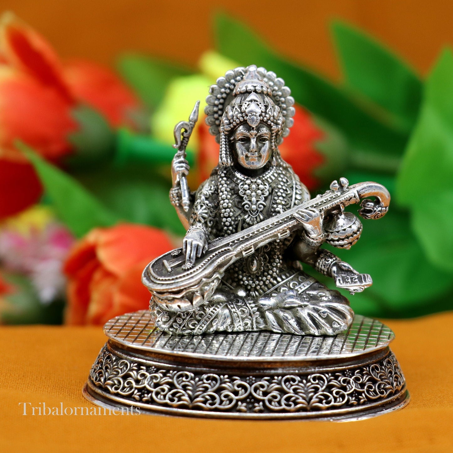 2.3" heights 925 Sterling silver handmade Hindu idols Laxmi, Ganesha and Saraswati statue, puja article figurine, best Diwali puja art - TRIBAL ORNAMENTS
