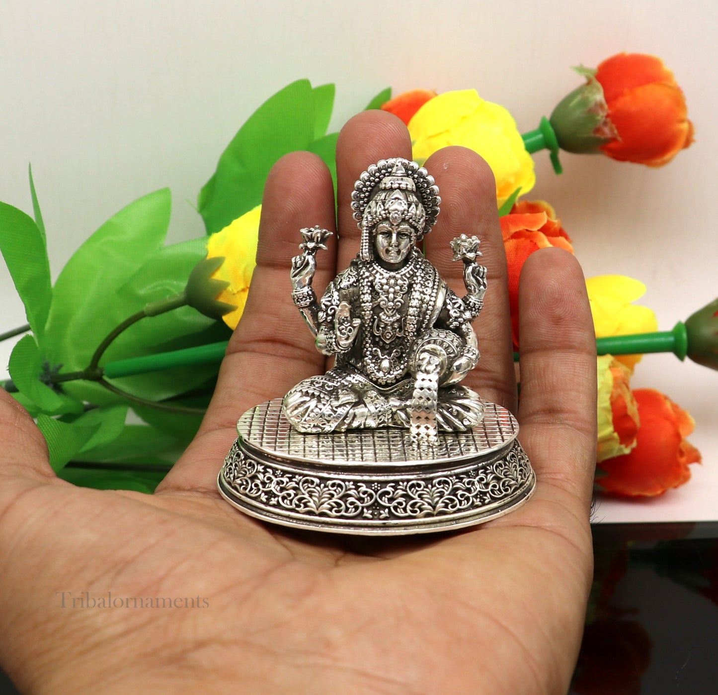 Pure 925 Sterling silver handmade Hindu Goddess Laxmi statue, puja article figurine, home décor Diwali puja articles gifting art220 - TRIBAL ORNAMENTS