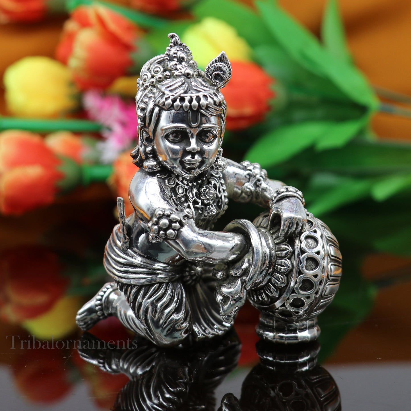 925 Sterling silver customized Idol Krishna Bal Gopal statue figurine, laddu gopal crawling Krishna sculpture, Makhan gopala statue art221 - TRIBAL ORNAMENTS