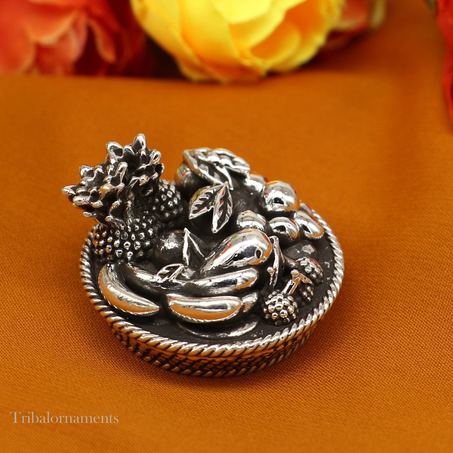 925 sterling silver handmade fabulous small mini fruit basket for puja or worshipping, solid Diwali puja article utensils gifting art su495 - TRIBAL ORNAMENTS