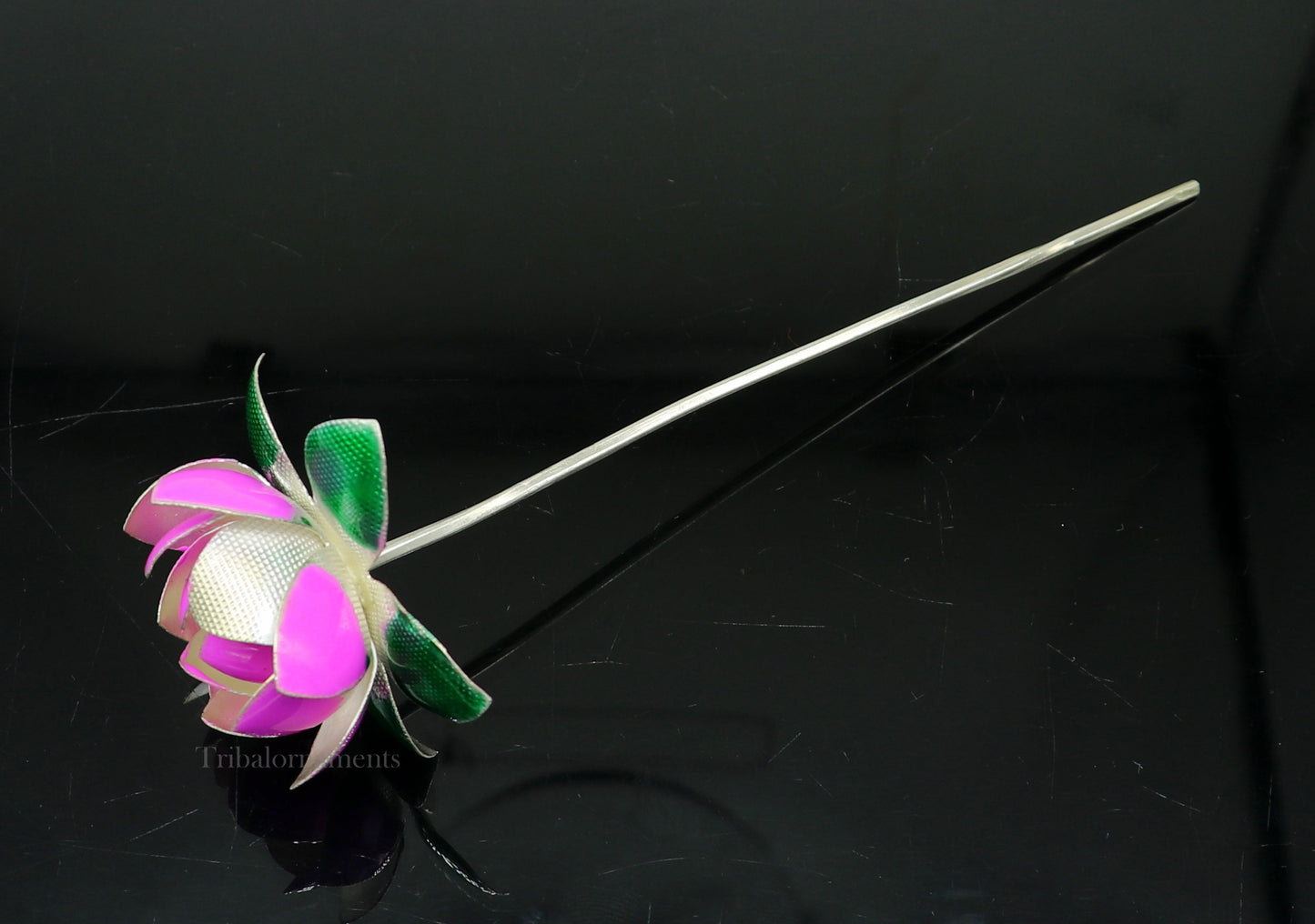 Solid sterling silver handmade small lotus flower puja god temple article, excellent enamel silver diwali puja flower articles su549 - TRIBAL ORNAMENTS