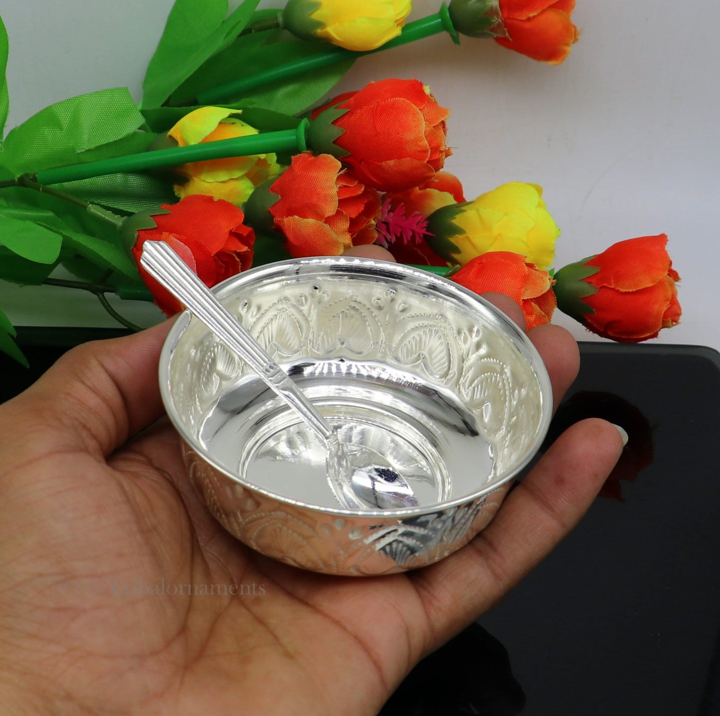 999 fine silver handmade kandrai nakshi work bowl, silver puja vessel, silver worshipping/puja utensils prasad bowl baby bowl sv245 - TRIBAL ORNAMENTS