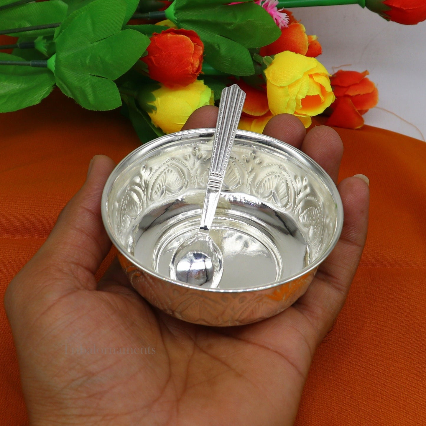 999 fine silver handmade kandrai nakshi work bowl, silver puja vessel, silver worshipping/puja utensils prasad bowl baby bowl sv245 - TRIBAL ORNAMENTS