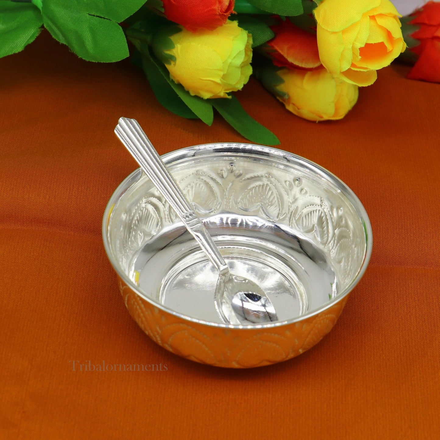 999 fine silver handmade kandrai nakshi work bowl, silver puja vessel, silver worshipping/puja utensils prasad bowl baby bowl sv245 - TRIBAL ORNAMENTS