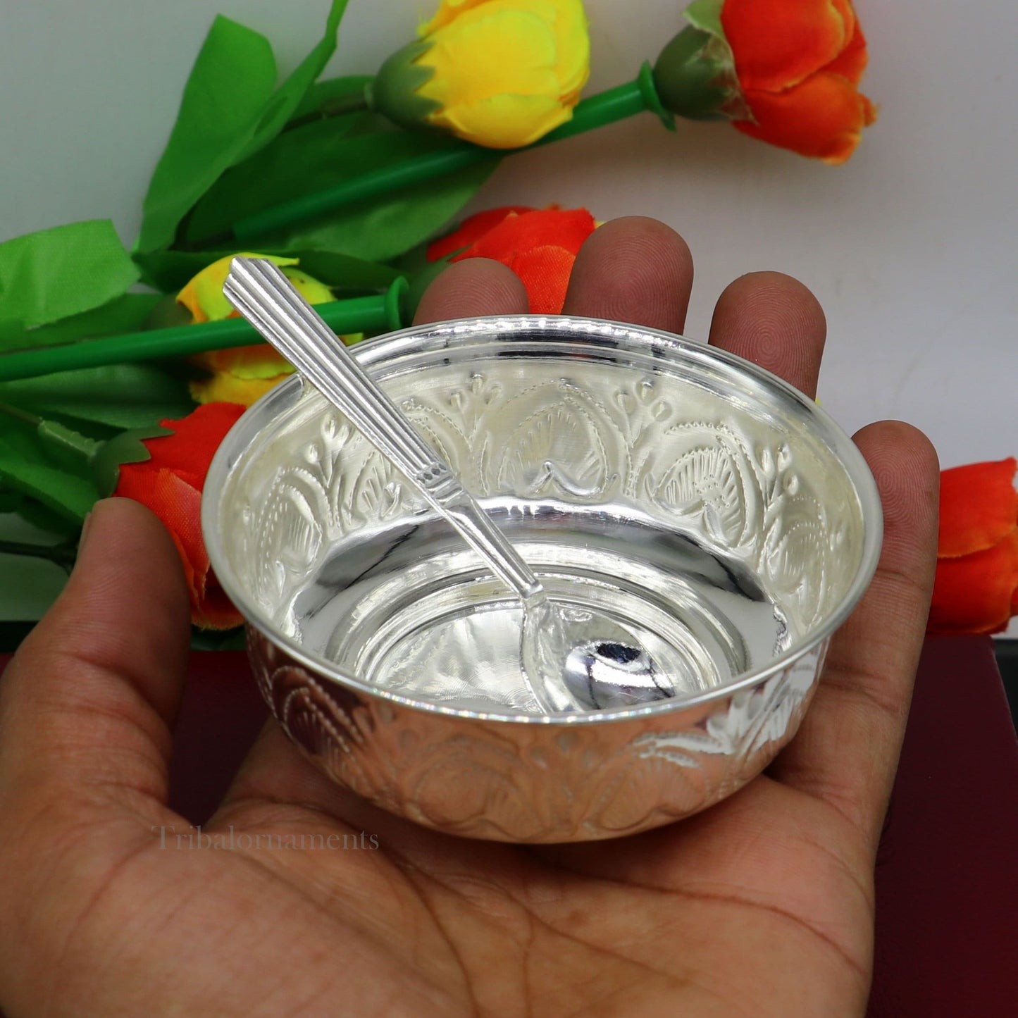 999 fine silver handmade kandrai nakshi work bowl, silver puja vessel, silver worshipping/puja utensils prasad bowl baby bowl sv245 - TRIBAL ORNAMENTS