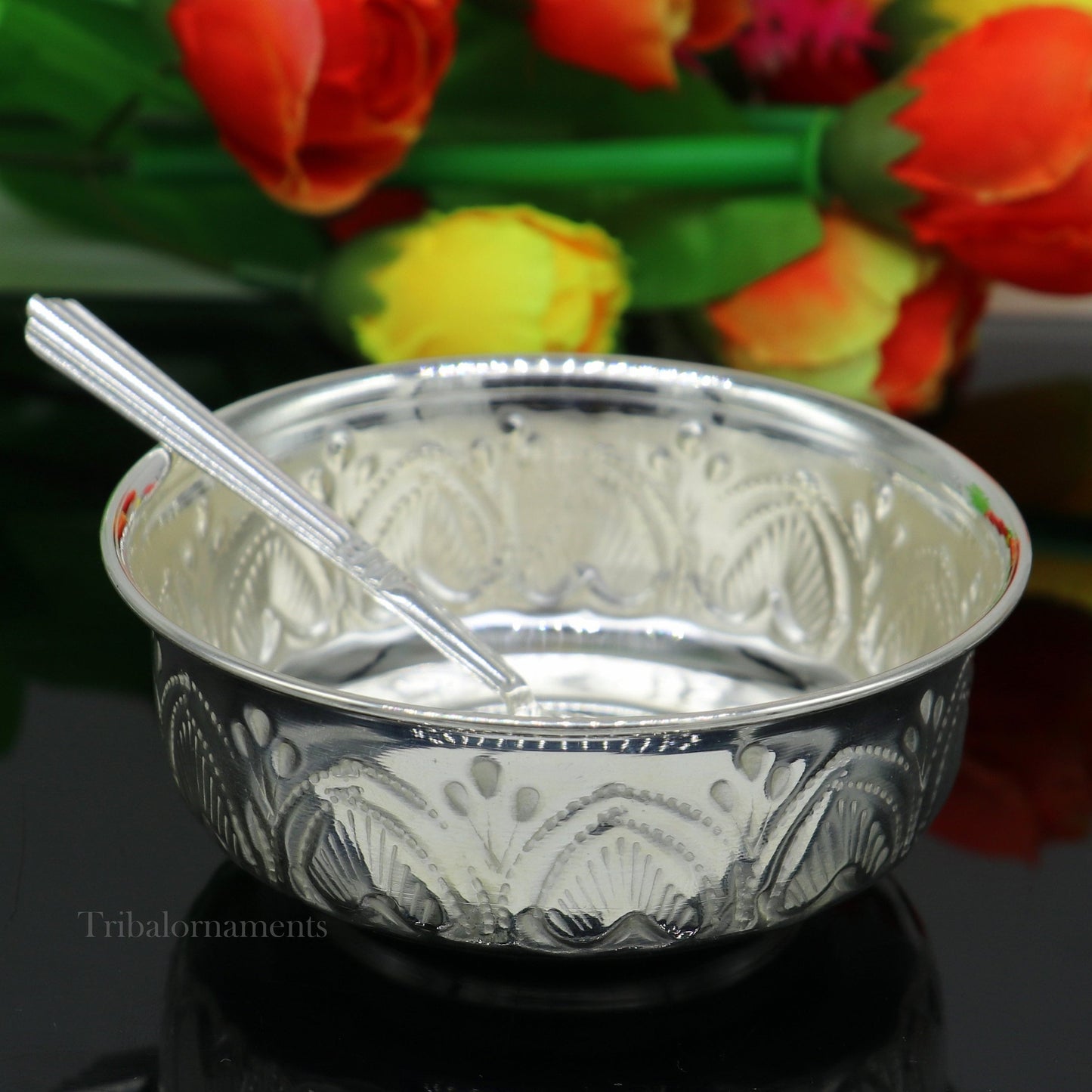 999 fine silver handmade kandrai nakshi work bowl, silver puja vessel, silver worshipping/puja utensils prasad bowl baby bowl sv245 - TRIBAL ORNAMENTS