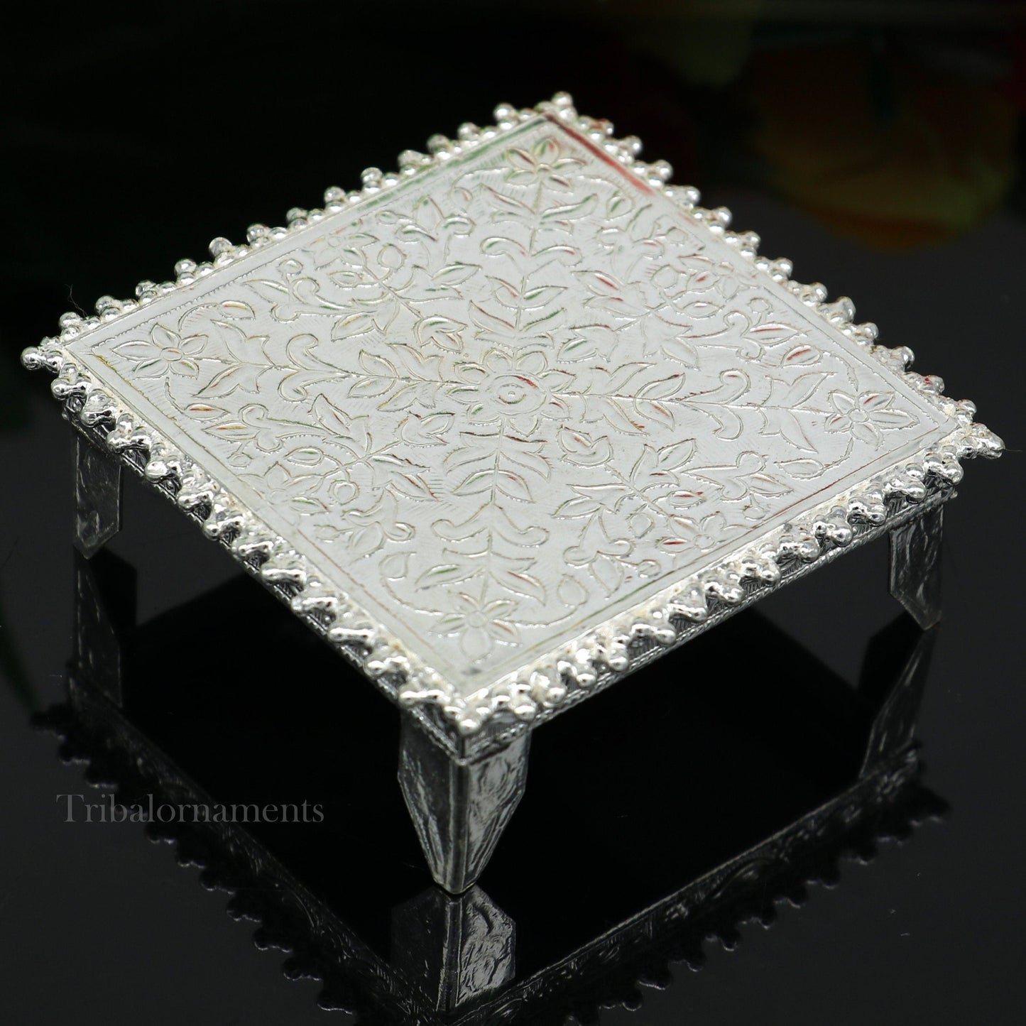 2.5" Vintage design Sterling silver handmade customize small square shape table/bazot/chouki, excellent home puja utensils temple art su553 - TRIBAL ORNAMENTS