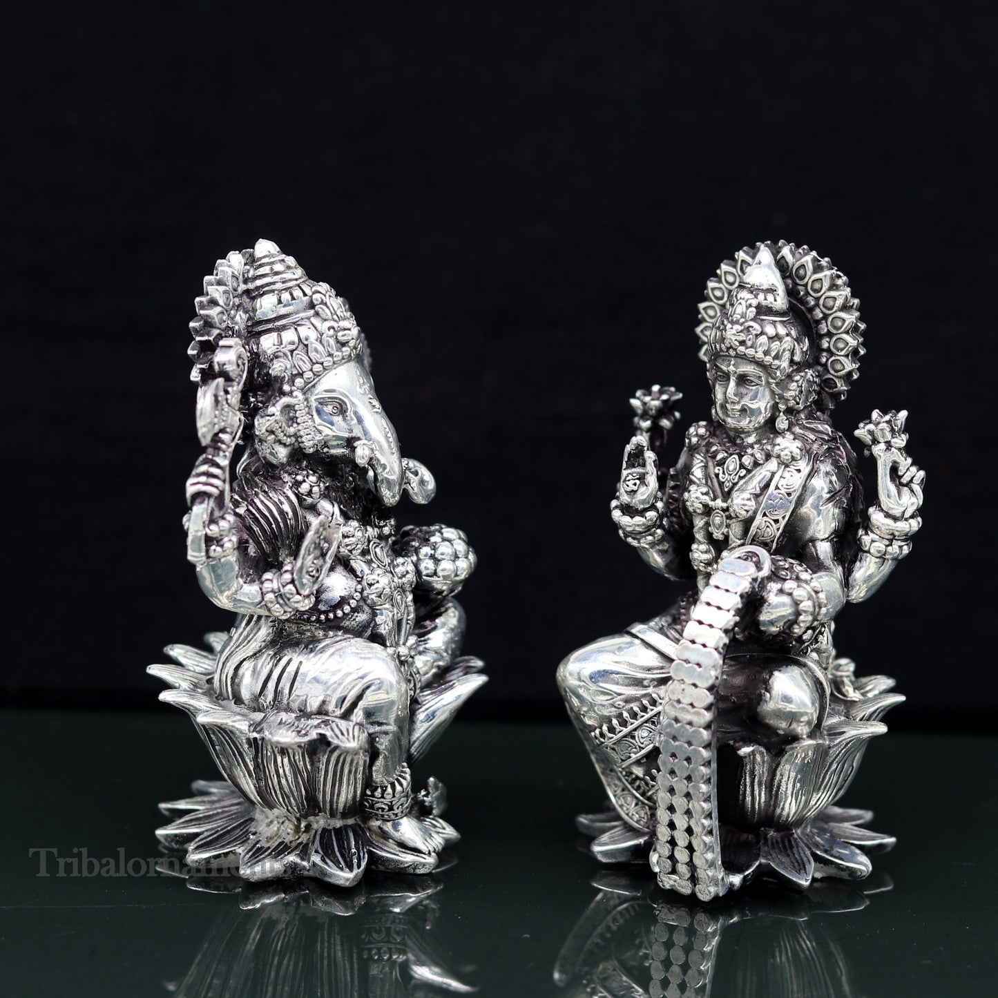 3.3" small 925 Sterling silver handmade customized Hindu idol Laxmi and Ganesha statue, puja article figurine, home décor Diwali puja art379 - TRIBAL ORNAMENTS