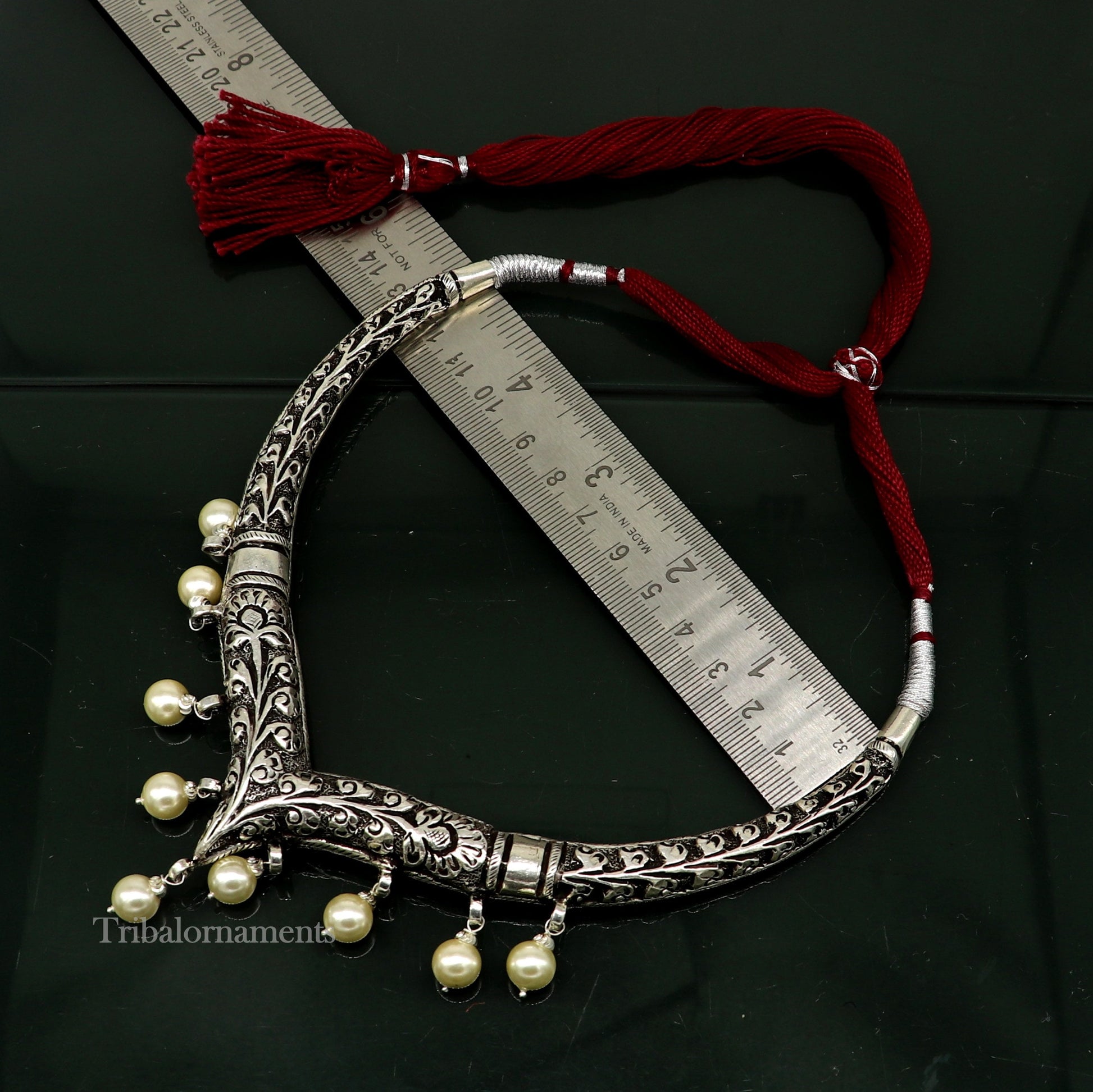 Vintage Indian traditional style trendy 92.5 sterling silver chitai/kandrai work charm necklace, choker tribal ethnic jewelry nec278 - TRIBAL ORNAMENTS