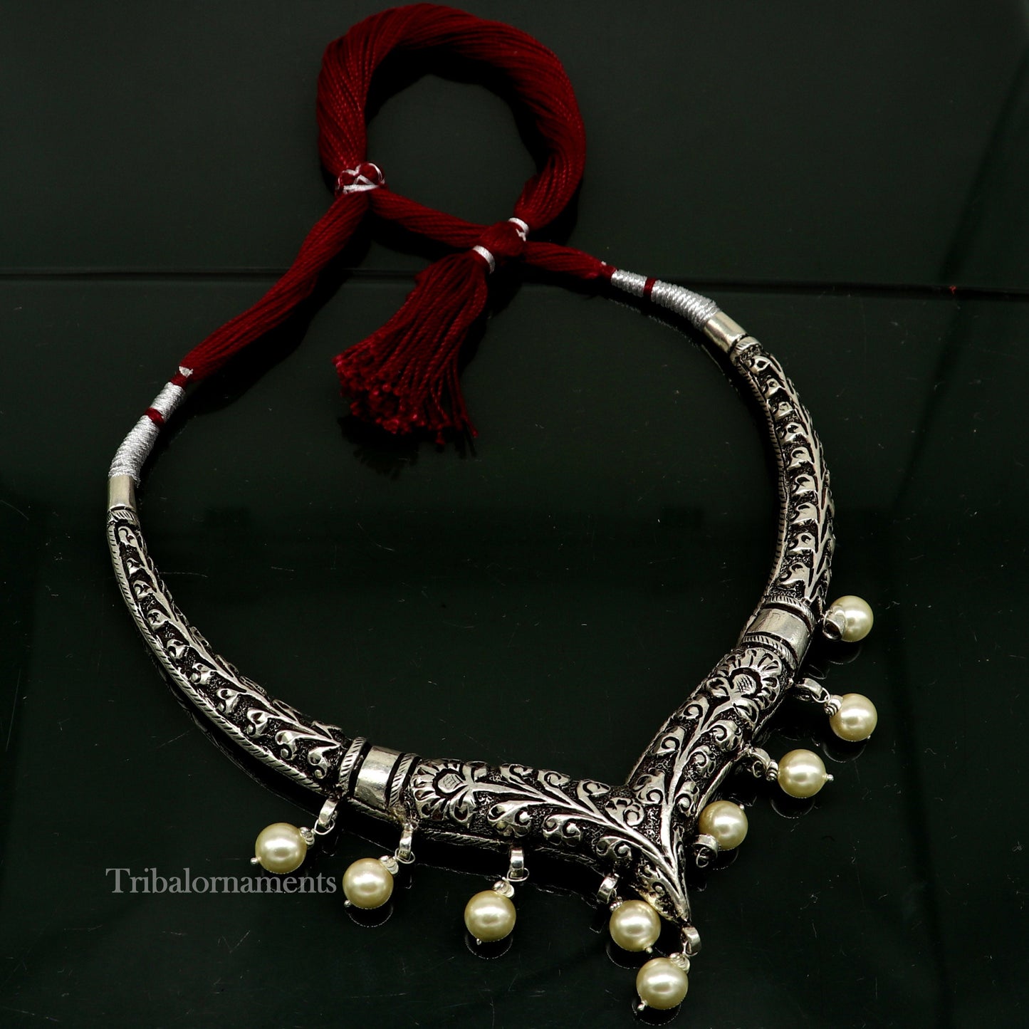 Vintage Indian traditional style trendy 92.5 sterling silver chitai/kandrai work charm necklace, choker tribal ethnic jewelry nec278 - TRIBAL ORNAMENTS