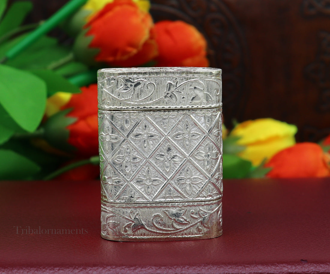 925 sterling silver handcrafted floral design 2 in1 trinket box, tobacco box, tobacco and chuna box, best gifting silver royal article stb97 - TRIBAL ORNAMENTS