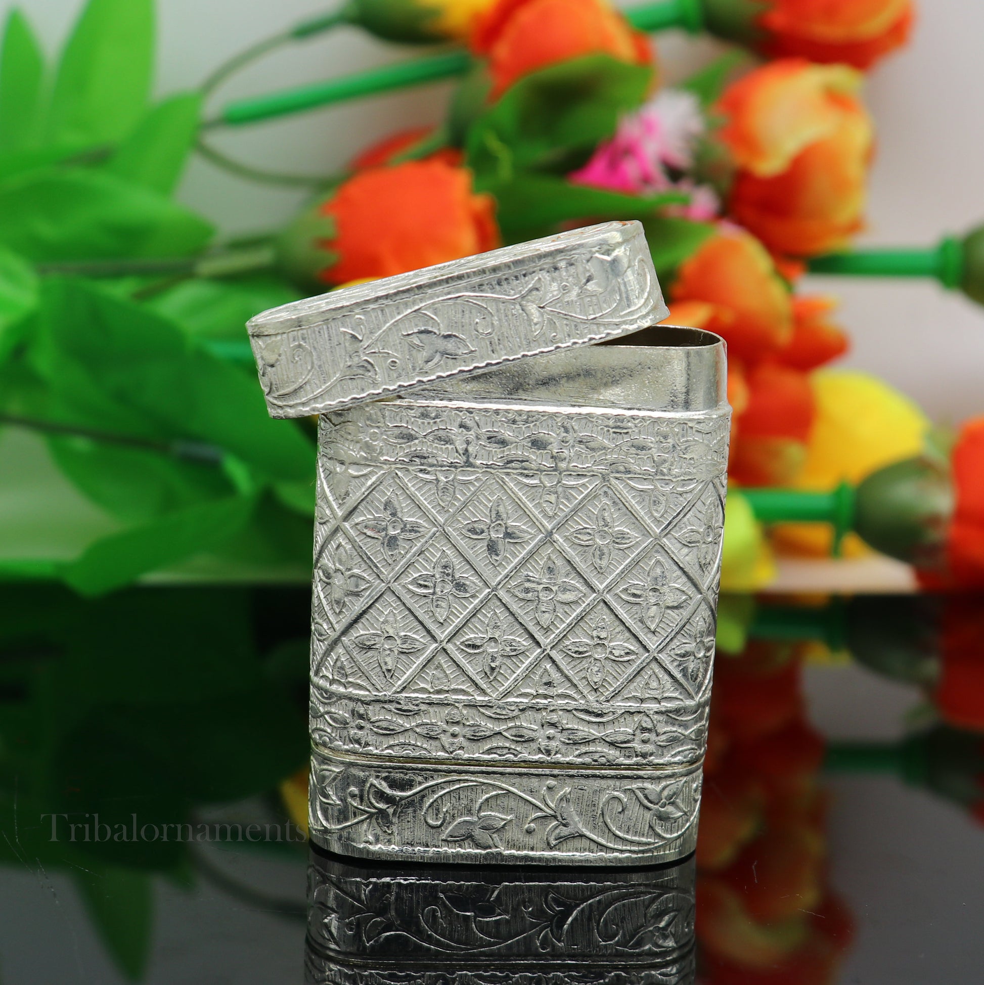 925 sterling silver floral design 2 in1 Royal trinket box, tobacco box, tobacco chuna box, best gifting silver royal article stb312 - TRIBAL ORNAMENTS