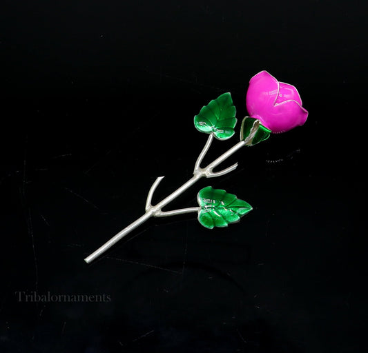 Solid sterling silver handmade small pink Rose flower puja god temple article, excellent three color enamel silver worshipping article su558 - TRIBAL ORNAMENTS