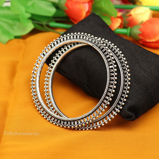 92.5 silver handmade vintage antique stylish waved beaded bangle bracelet, oxidized silver wedding brides made customized bangles nba201 - TRIBAL ORNAMENTS
