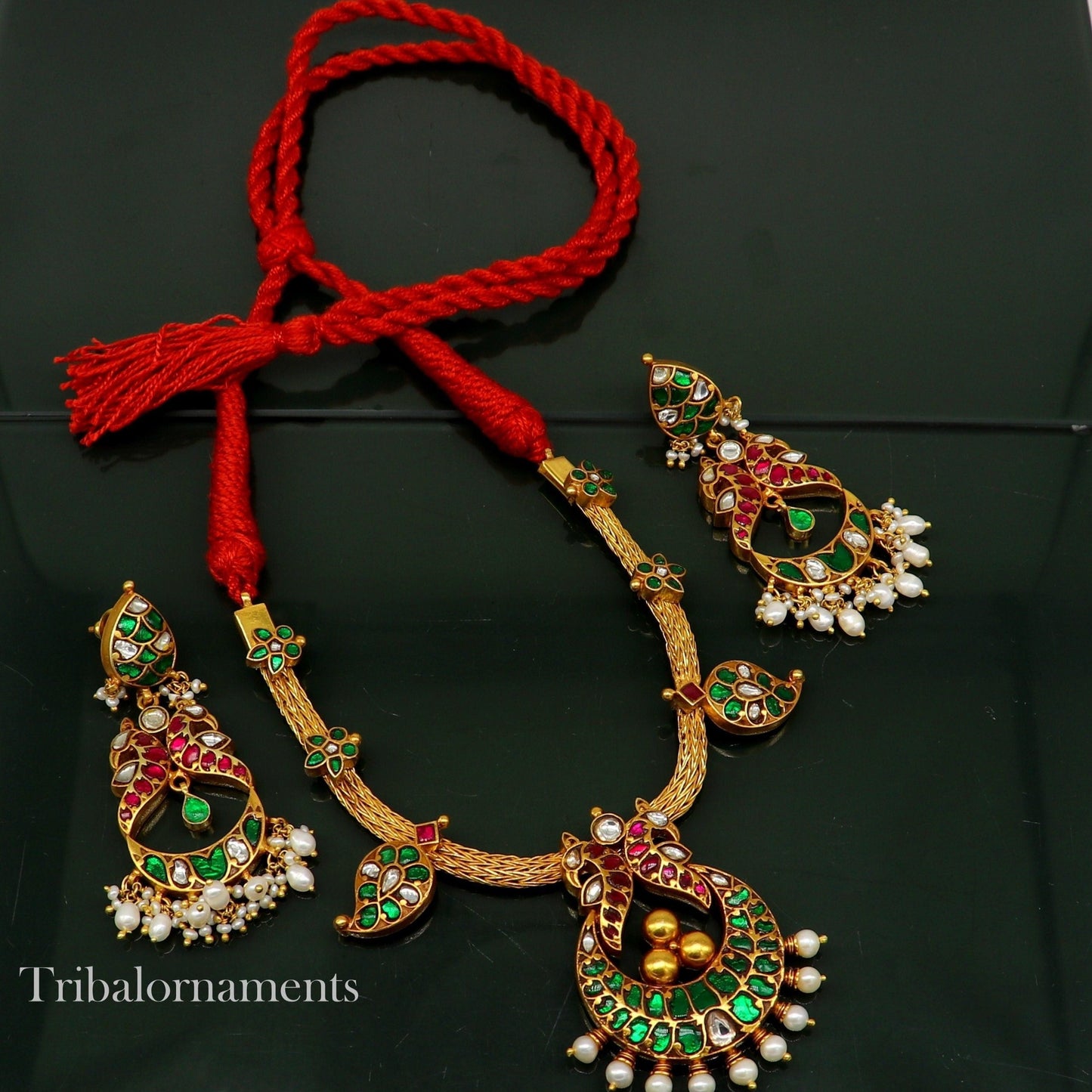 Peacock necklace Gold polished over 92.5 sterling silver Fabulous charm necklace, Stunning customized work pearls floral necklace set270 - TRIBAL ORNAMENTS