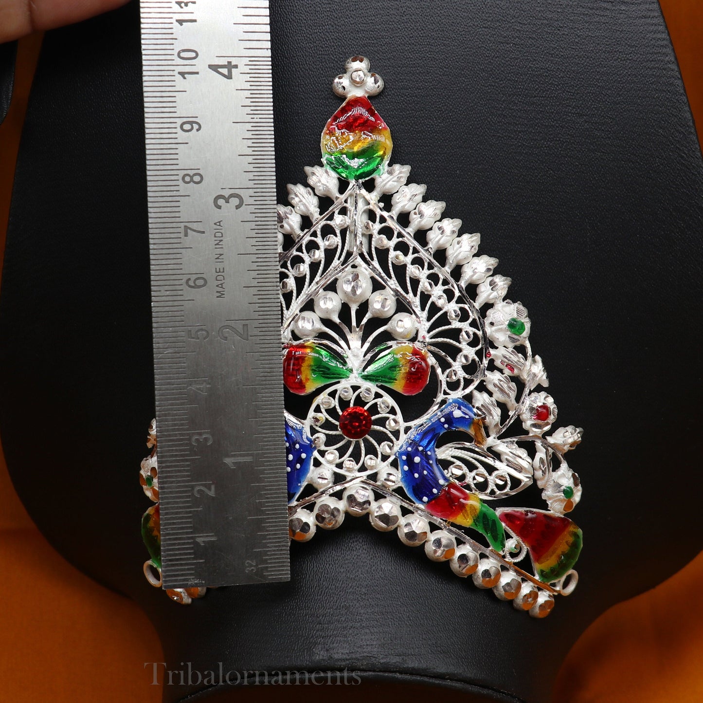 Solid sterling silver vintage antique design handmade mukut (crown), amazing peacock design silver god crown home temple god art su525 - TRIBAL ORNAMENTS