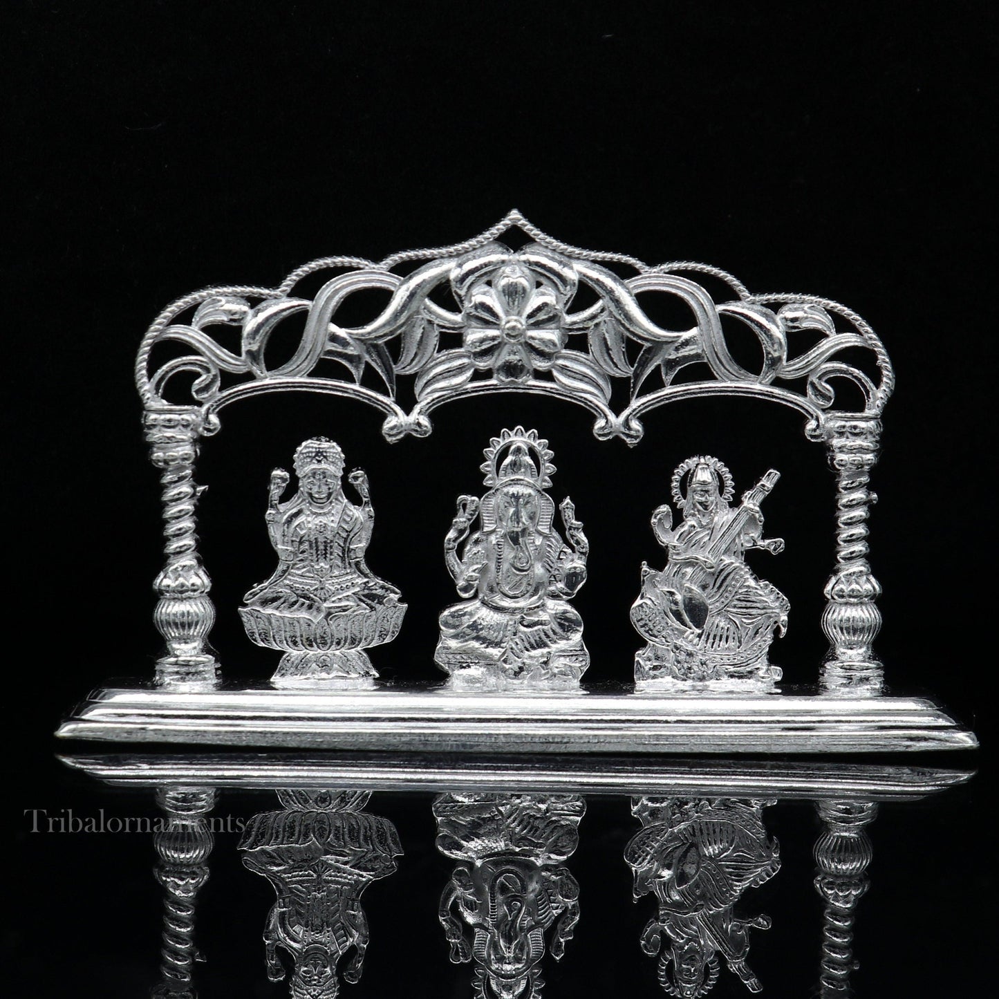 Solid Sterling silver handmade Hindu idols Laxmi,Ganesha and Saraswati statue, puja article figurine, home décor Diwali puja gift su532 - TRIBAL ORNAMENTS