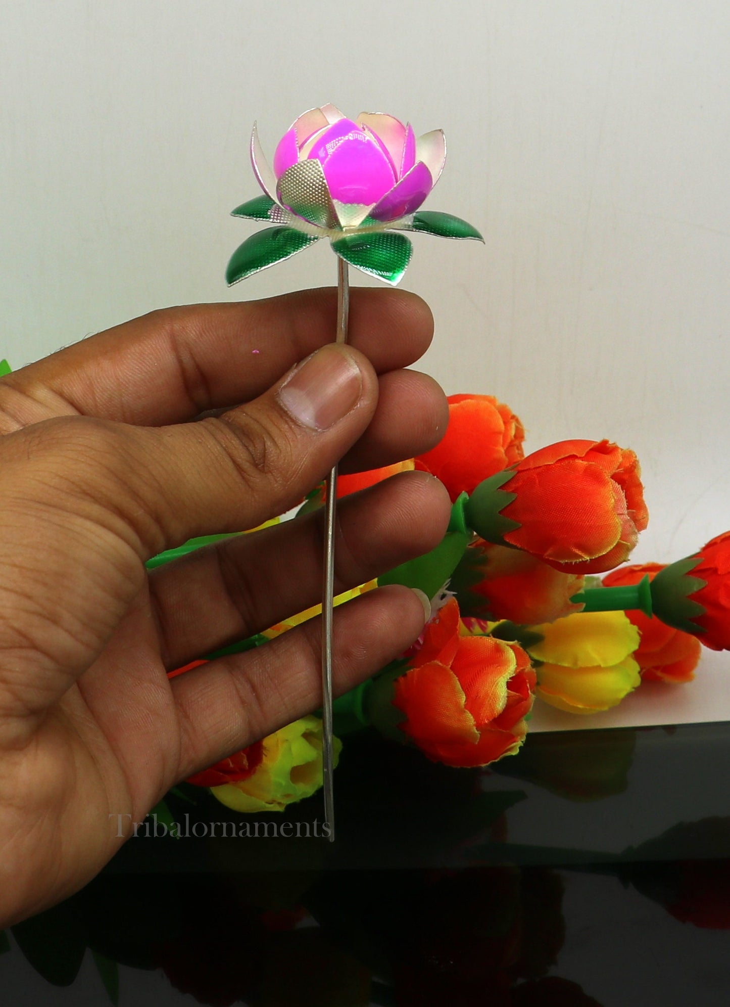 Solid sterling silver handmade small lotus flower puja god temple article, excellent enamel silver diwali puja flower articles su549 - TRIBAL ORNAMENTS