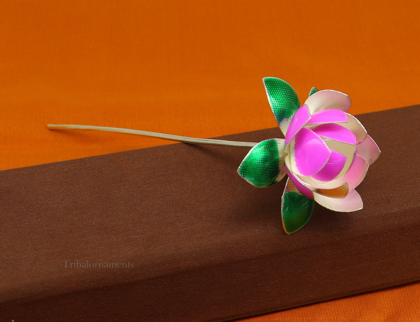 Solid sterling silver handmade small lotus flower puja god temple article, excellent enamel silver diwali puja flower articles su549 - TRIBAL ORNAMENTS