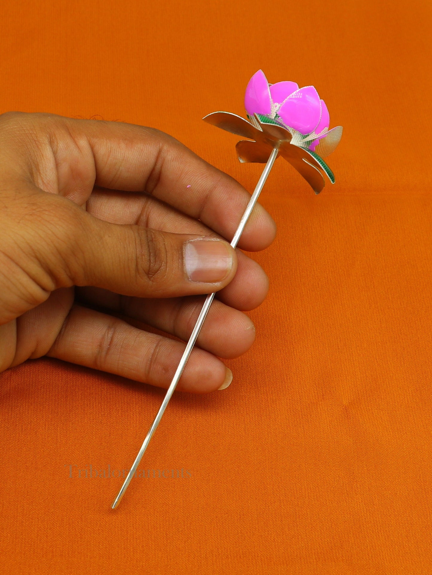 Solid sterling silver handmade small lotus flower puja god temple article, excellent enamel silver diwali puja flower articles su549 - TRIBAL ORNAMENTS