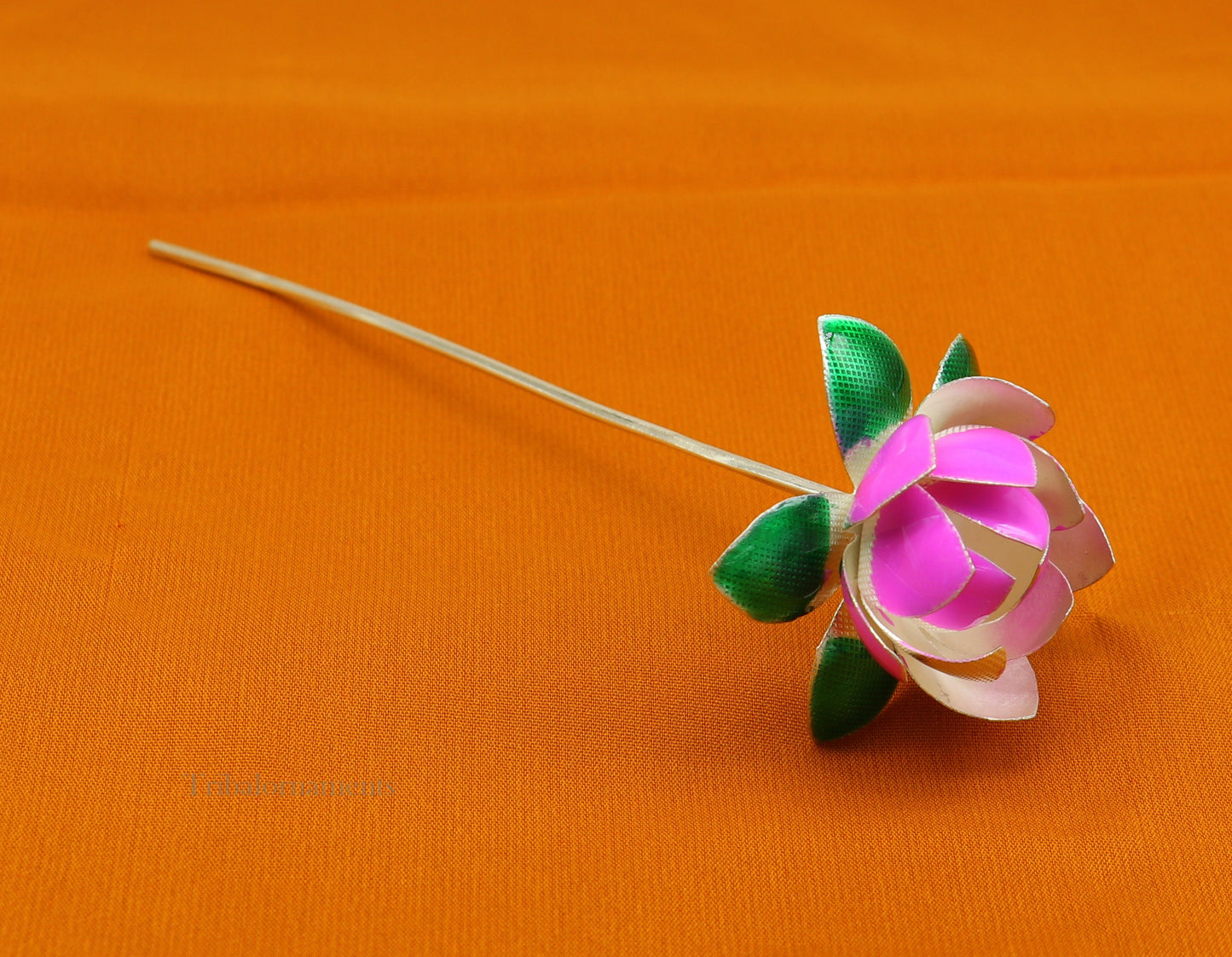 Solid sterling silver handmade small lotus flower puja god temple article, excellent enamel silver diwali puja flower articles su549 - TRIBAL ORNAMENTS