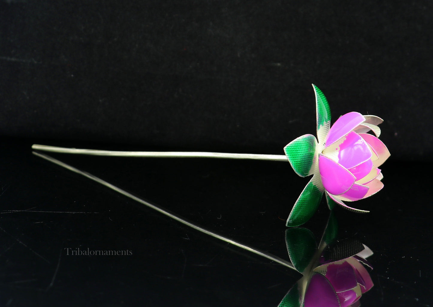 Solid sterling silver handmade small lotus flower puja god temple article, excellent enamel silver diwali puja flower articles su549 - TRIBAL ORNAMENTS