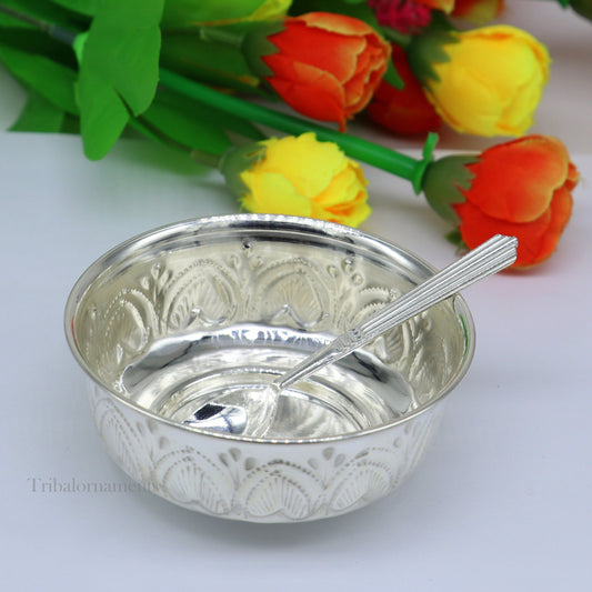 999 fine silver handmade kandrai nakshi work bowl, silver puja vessel, silver worshipping/puja utensils prasad bowl baby bowl sv245 - TRIBAL ORNAMENTS