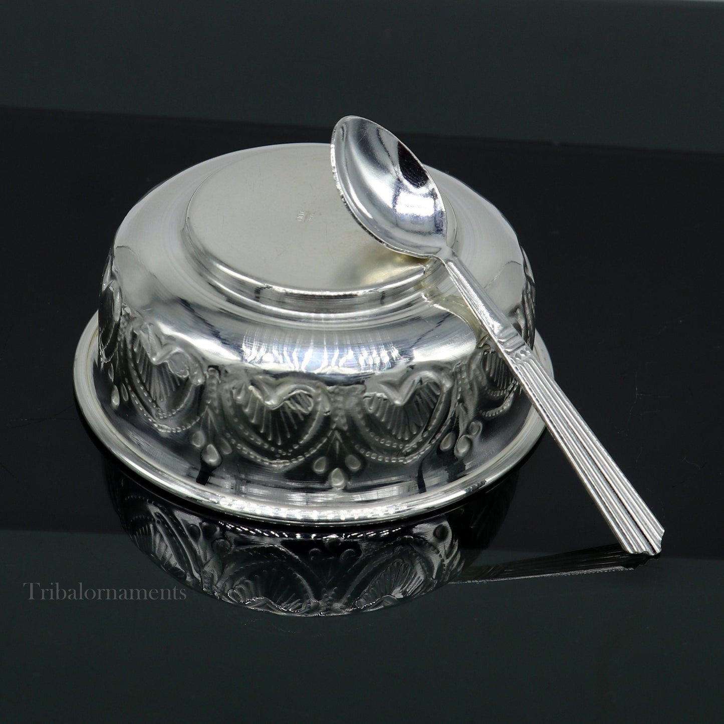 999 fine silver handmade kandrai nakshi work bowl, silver puja vessel, silver worshipping/puja utensils prasad bowl baby bowl sv245 - TRIBAL ORNAMENTS