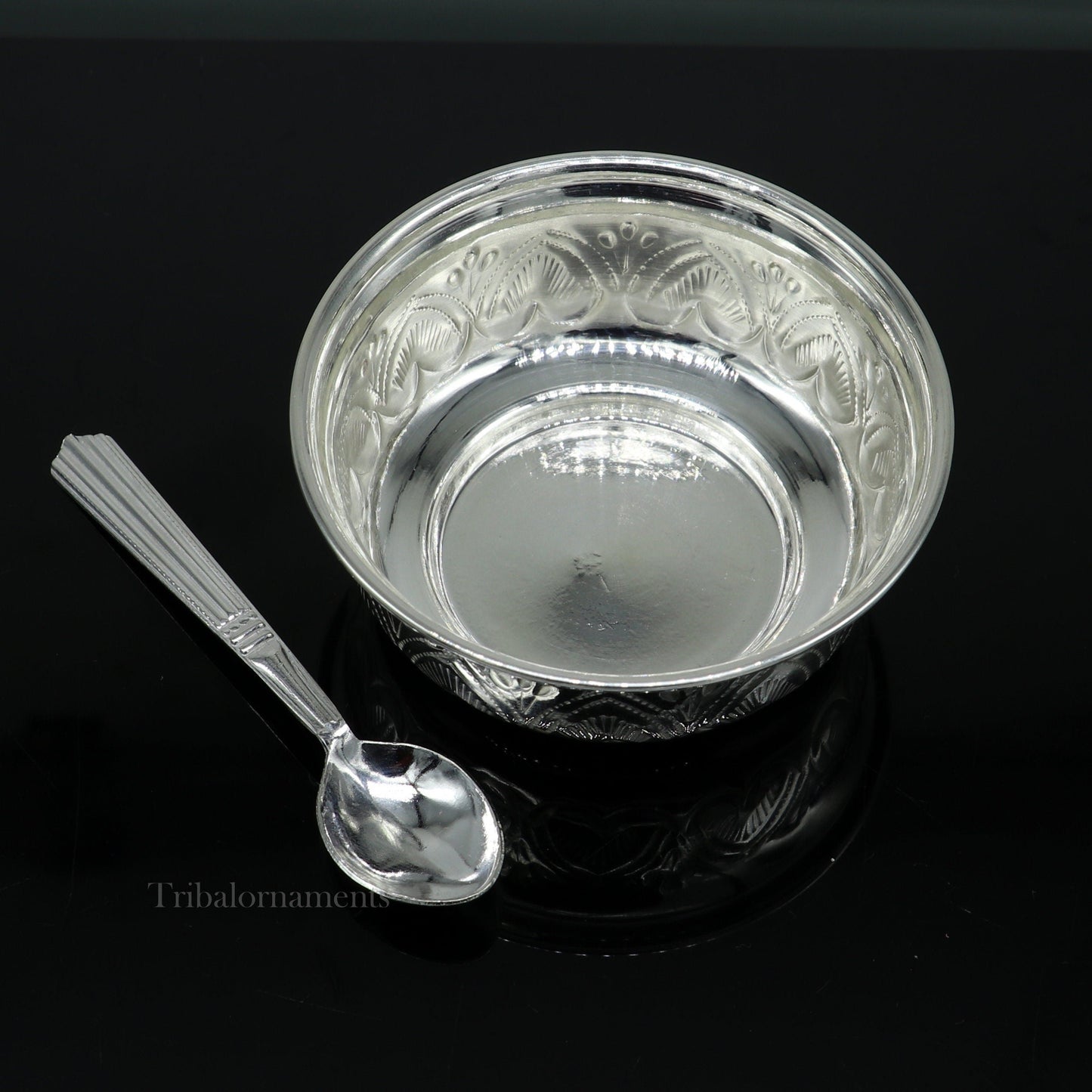 Solid 999 silver handmade vintage kandrai nakshi work bowl, silver puja vessel, silver worshipping/puja utensils prasad bowl baby bowl sv246 - TRIBAL ORNAMENTS
