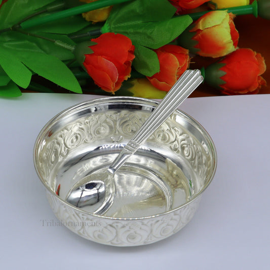 Solid 999 silver handmade vintage kandrai nakshi work bowl, silver puja vessel, silver worshipping/puja utensils bowl baby bowl set sv247 - TRIBAL ORNAMENTS