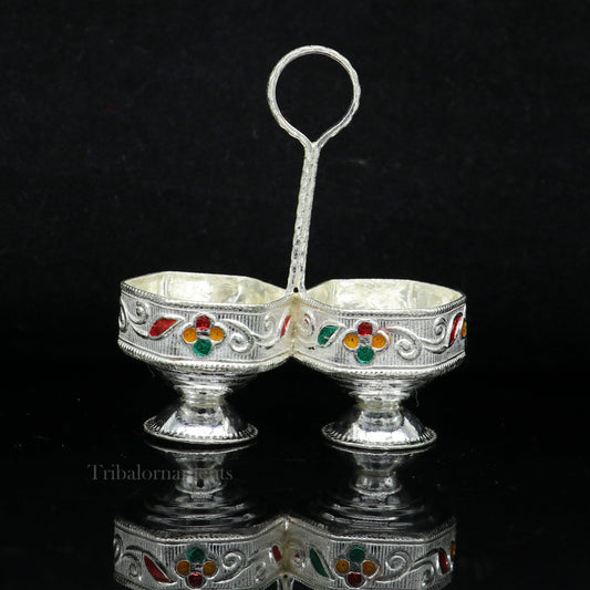 Pure 925 sterling silver handmade customized work puja utensils, silver tilak bowl, kesar chaindan kumkum patra/ bowl, silver article su554 - TRIBAL ORNAMENTS